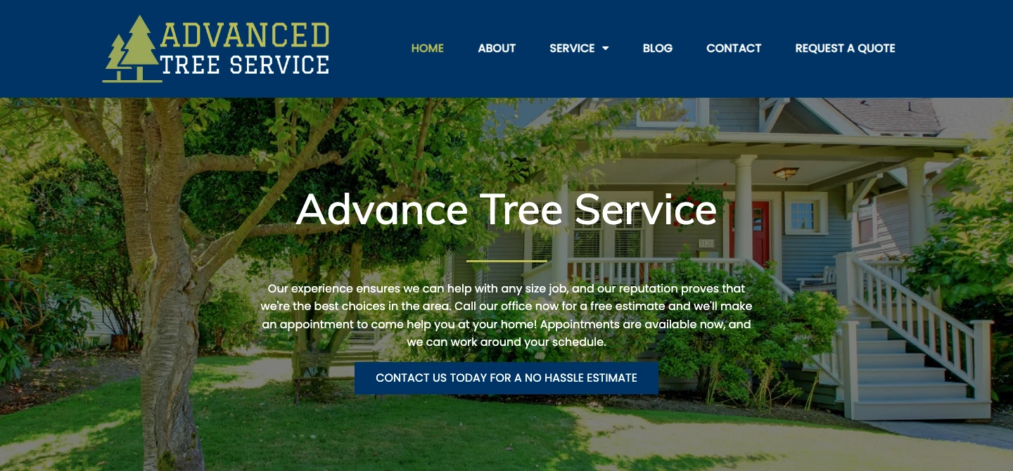 Screenshot of the Advance Tree Service homepage header and hero section
