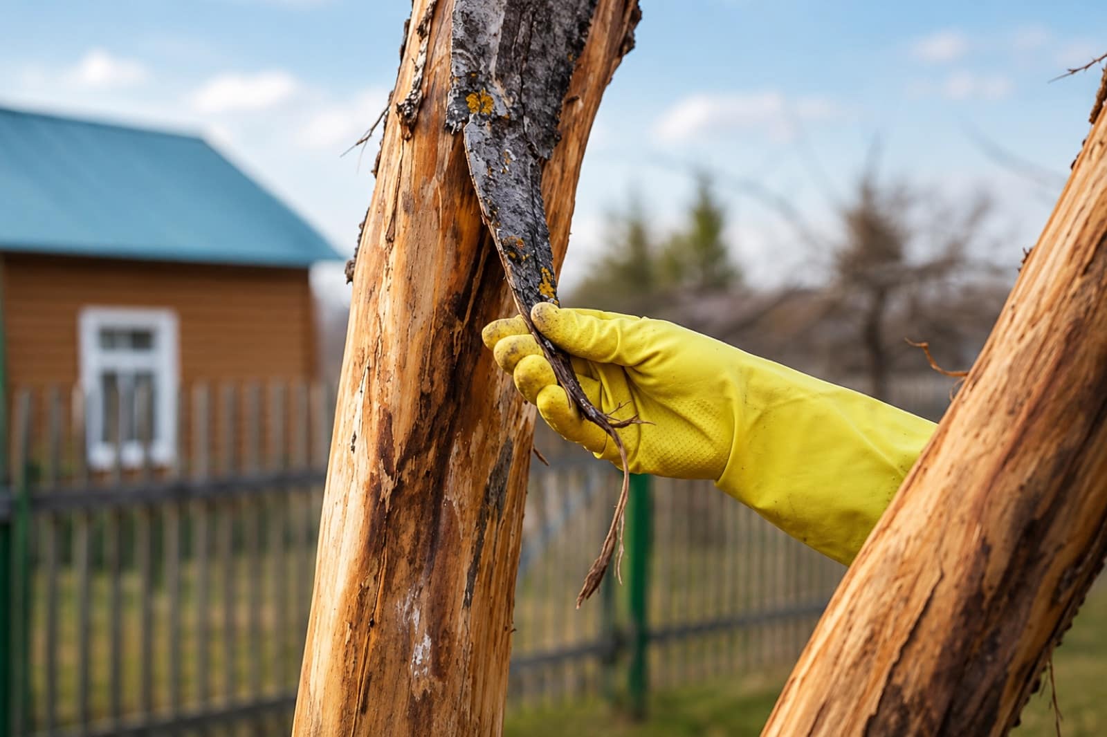 Gloved hand peeling diseased, decaying bark from a tree trunk to reveal damage underneath