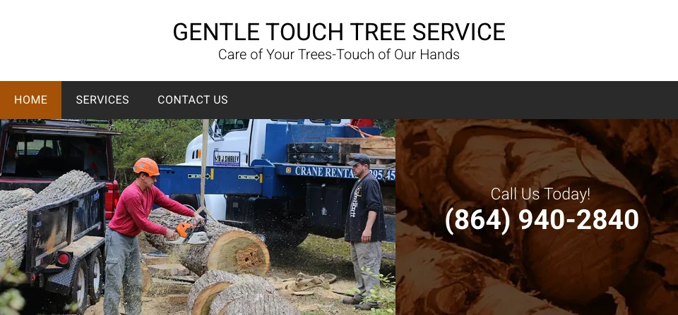 Screenshot of the Gentle Touch Tree Service homepage header and hero section