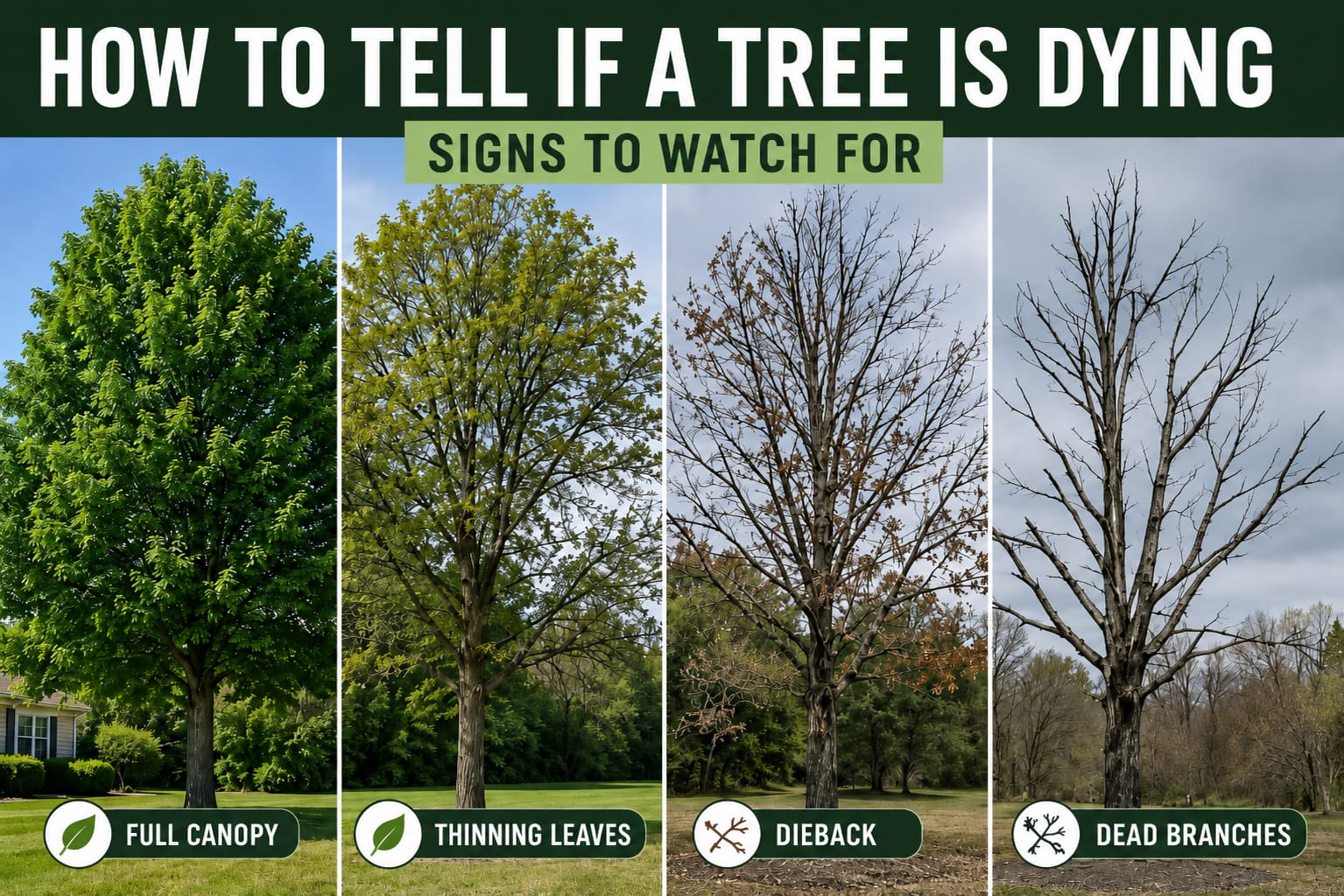 Four-stage progression of a dying tree, from full canopy to thinning leaves, dieback, and dead branches