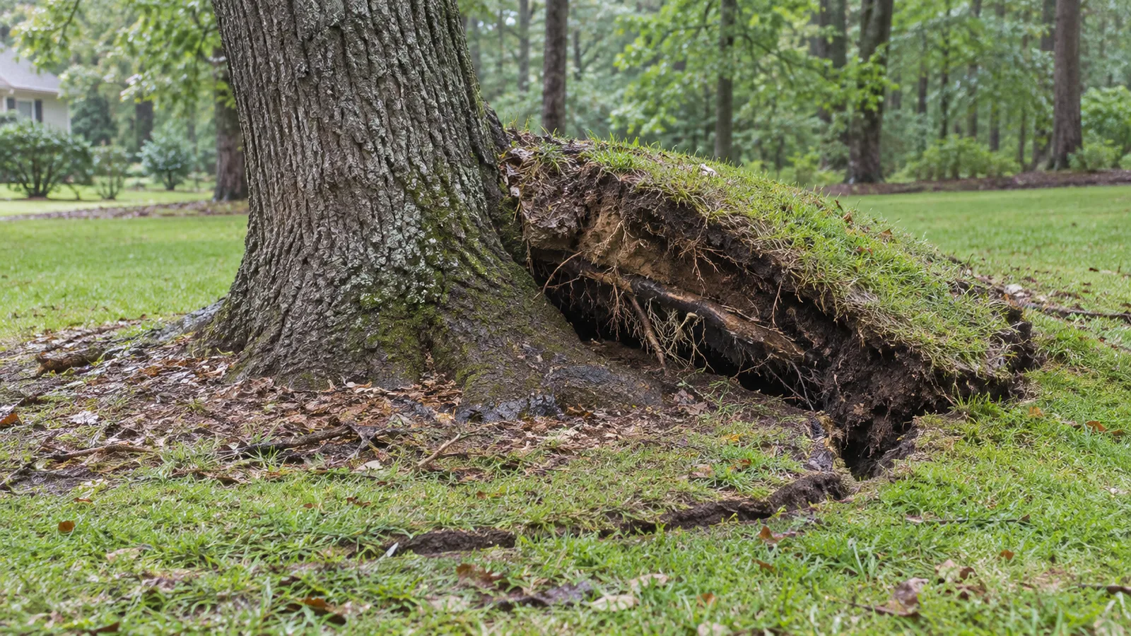 Raised turf and exposed roots beside a tree, with a fresh crack in the surrounding soil
