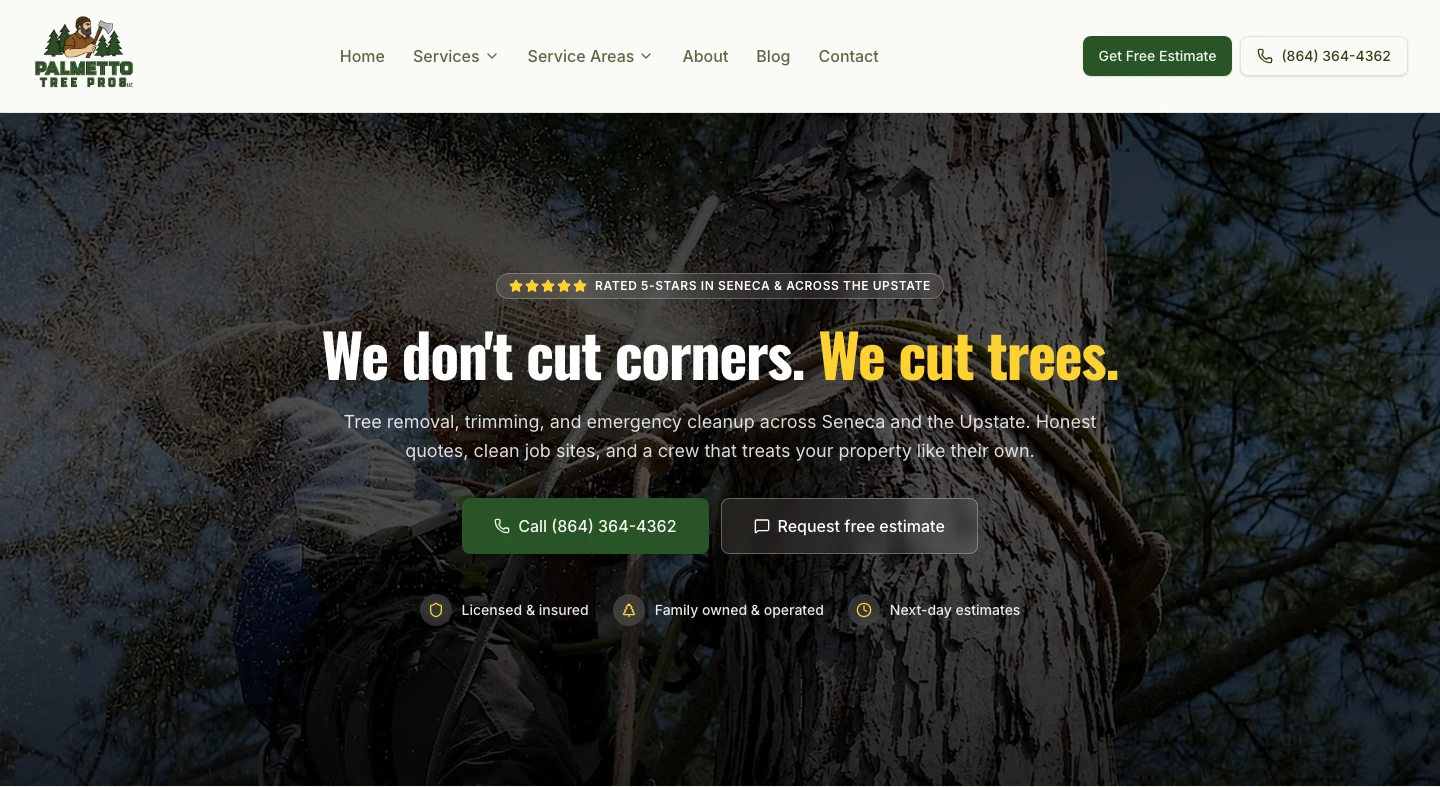 Screenshot of the Palmetto Tree Pros homepage header and hero section
