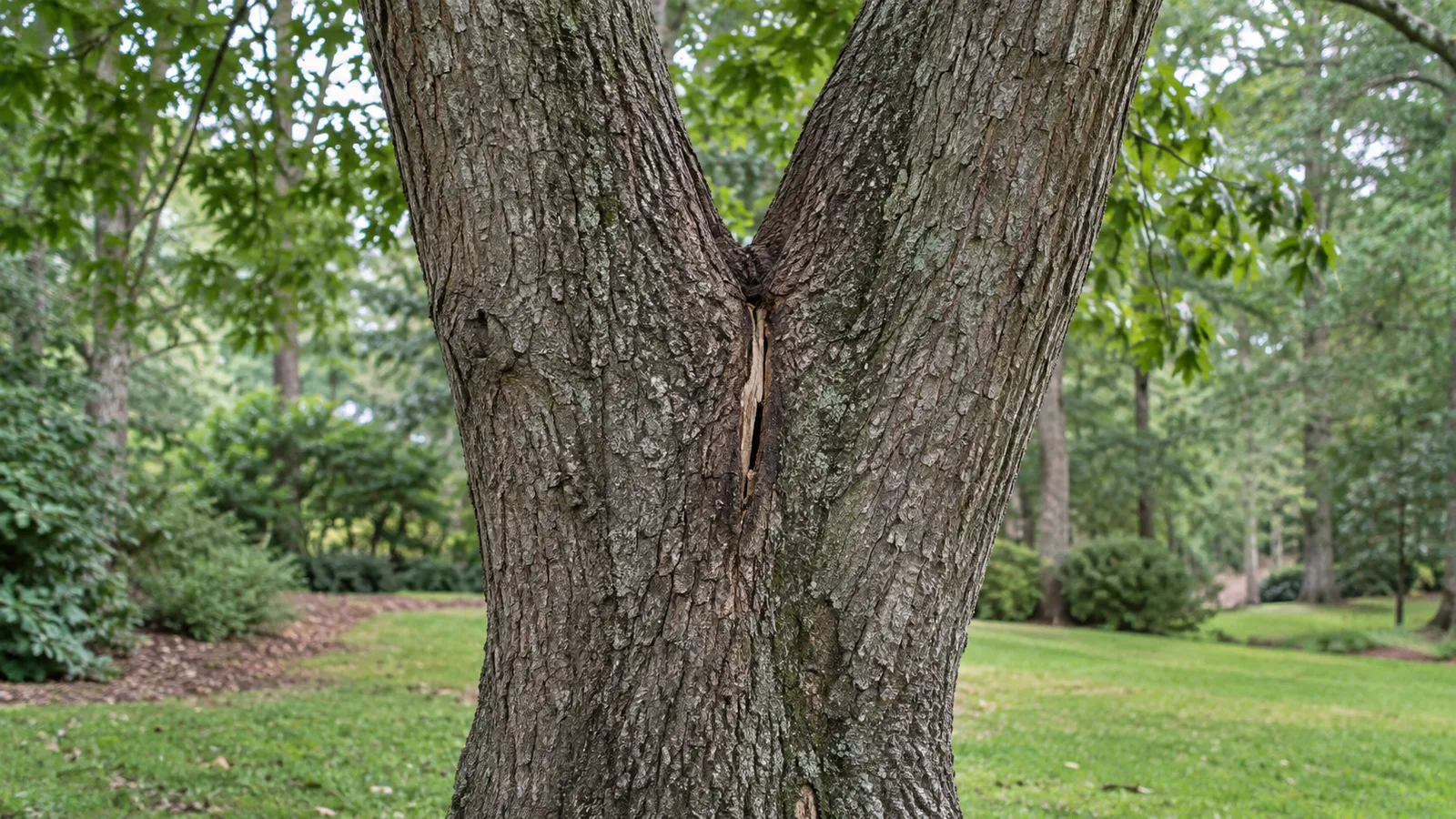 A vertical split exposing pale wood below the narrow fork between two major tree stems