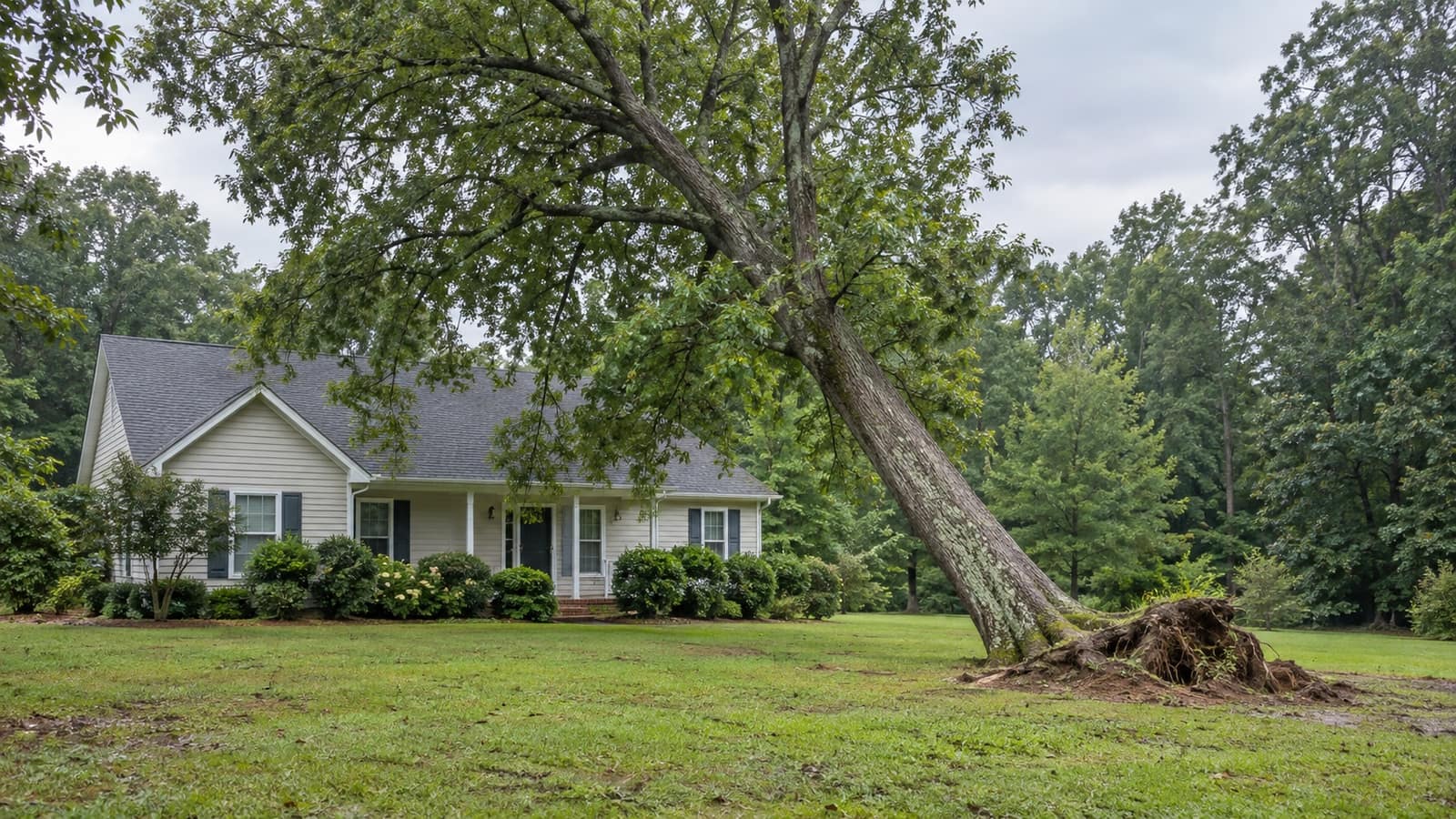 A large tree with lifted roots leaning toward a house, viewed from across the lawn