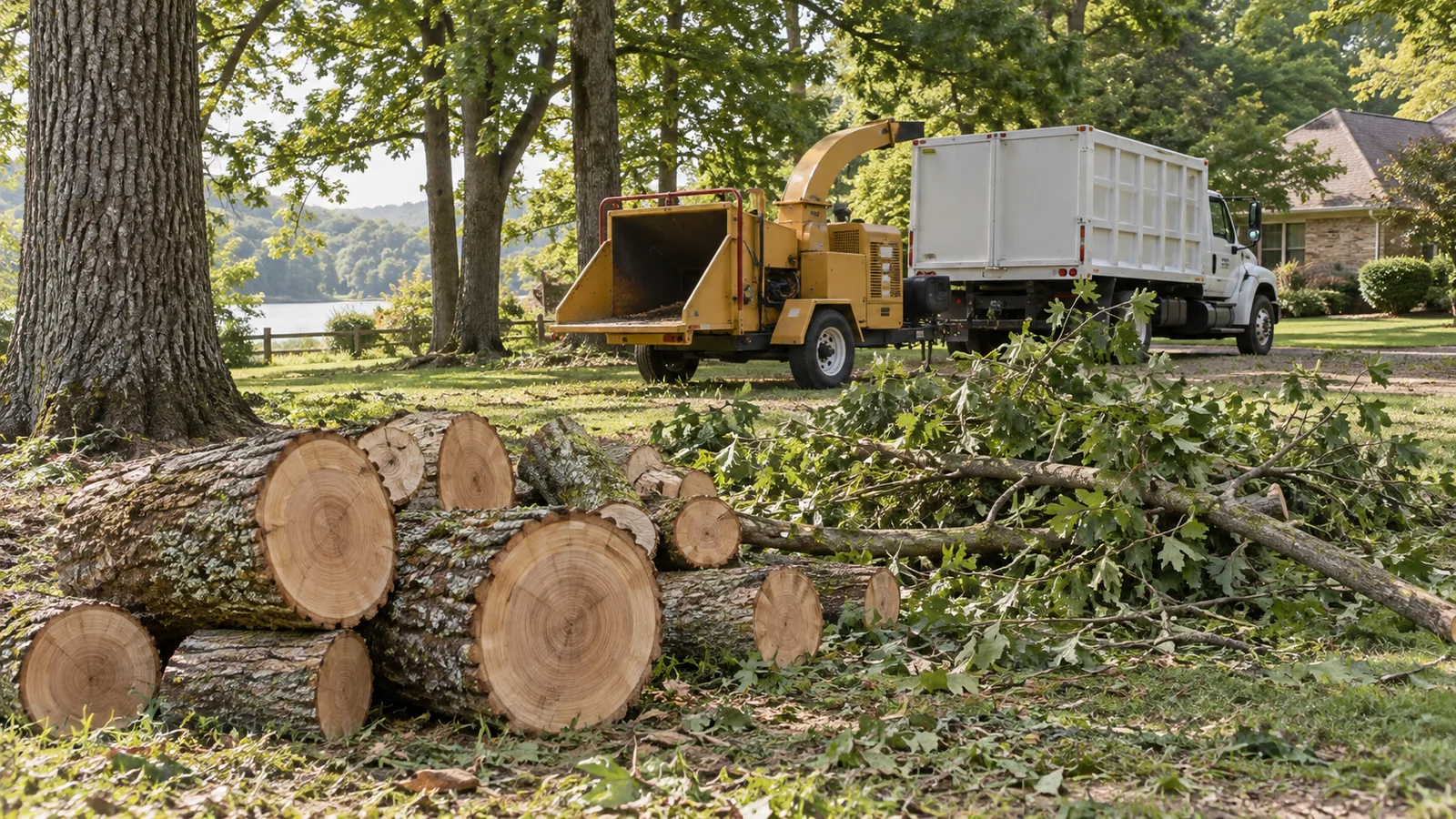 Cut logs and branches beside a parked wood chipper and tree-service truck in a residential yard
