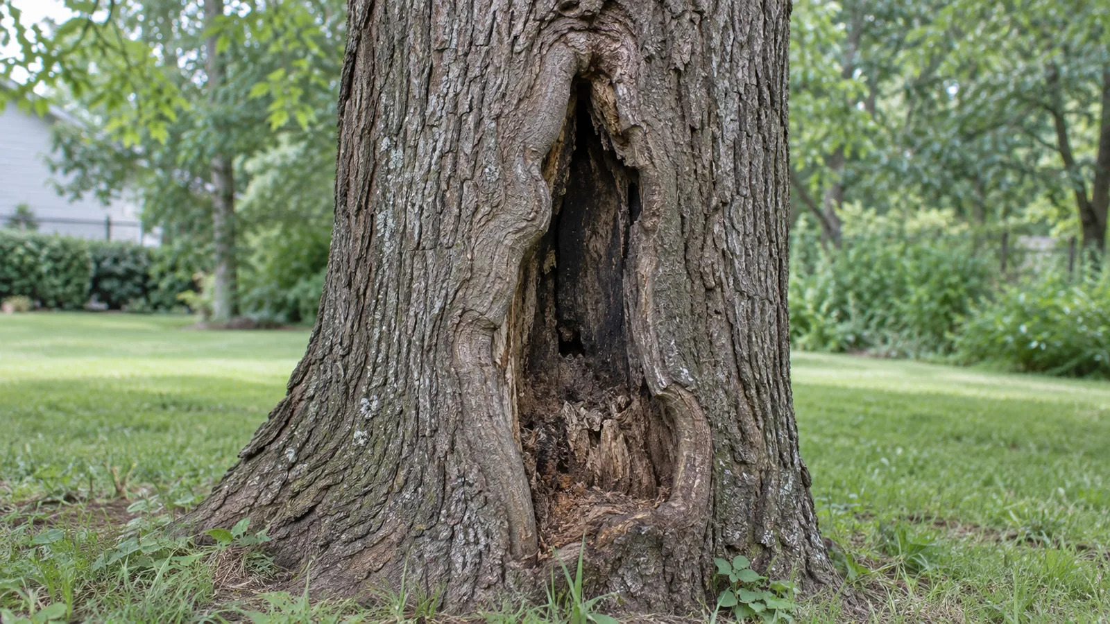An elongated hollow in a mature tree trunk with missing bark and weathered wood inside