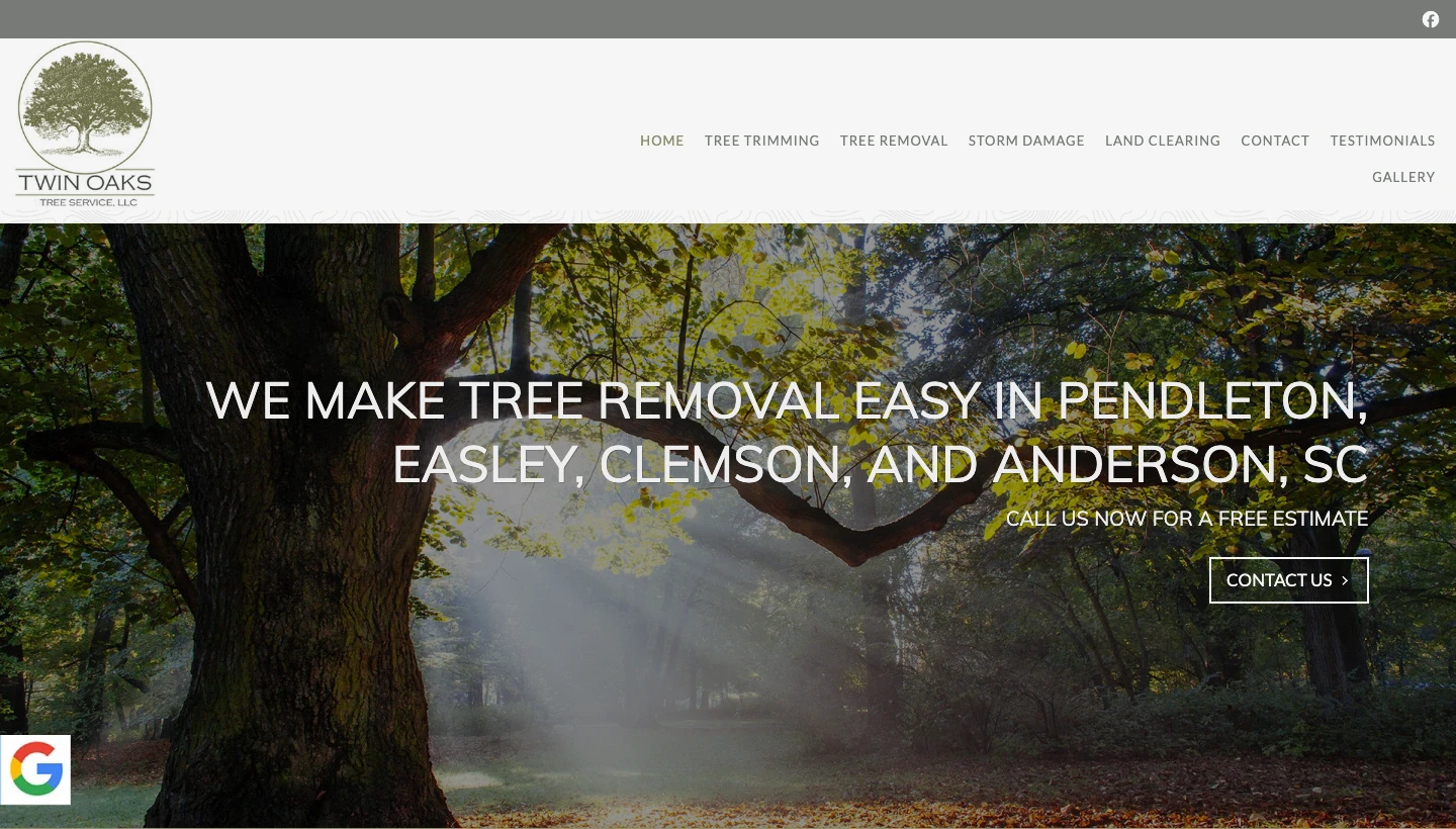 Screenshot of the Twin Oaks Tree Service homepage header and hero section